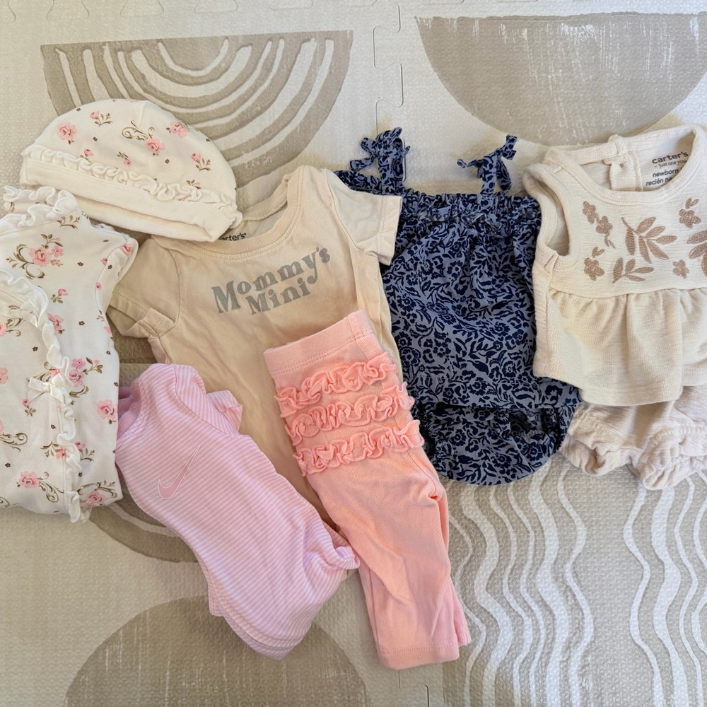 Carter's, Nike, Little Me Baby Girls Neutral Floral, Pink & Navy Mix Outfit Set